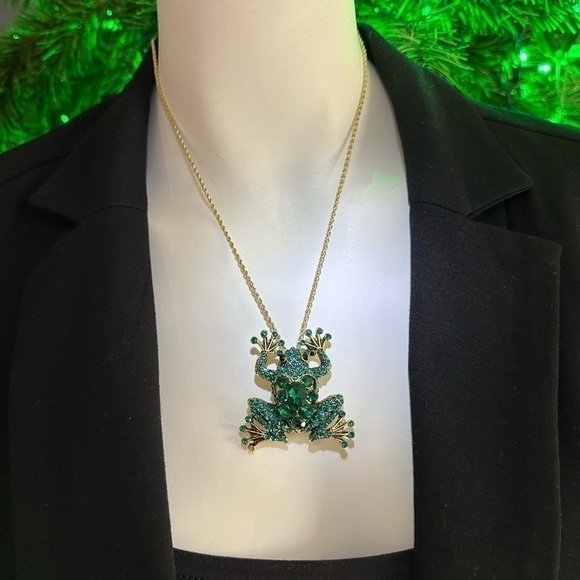 Brand NEW TURQUOISE GREEN FROG 🐸 RHINESTONES BROOCH PENDANT - Picture 5 of 6